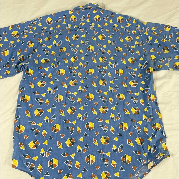 VTG MTO Mens Blue Geometríc Overprint Short Sleeve Button Up Size L - Picture 11 of 11